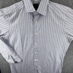 David Donahue Striped Blue Purple Dress Shirt Men 16.5 34/35 Trim Fit Woven